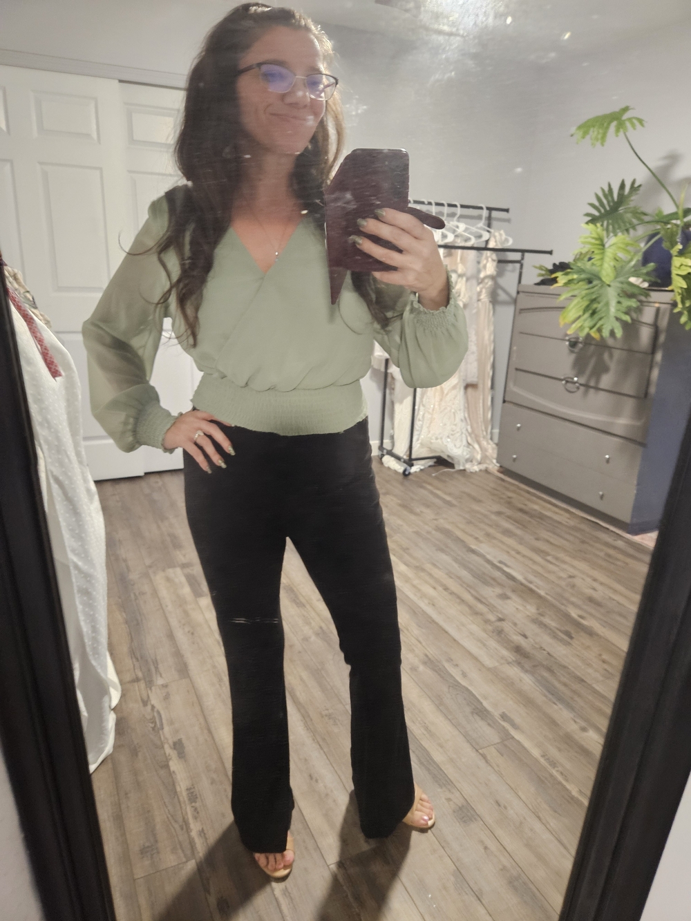 Sage Green V-Neck Smocked Waist Blouse